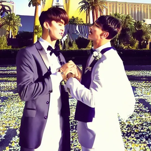 Image similar to taekook getting married in las vegas, 8 k, ultra realistic