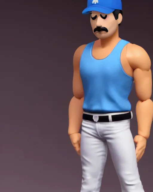 Image similar to full body 3 d render of freddie mercury, white tank top blue jeans as a funko pop!, four, studio lighting, white background, single body, no shadow, blender, trending on artstation, 8 k, highly detailed