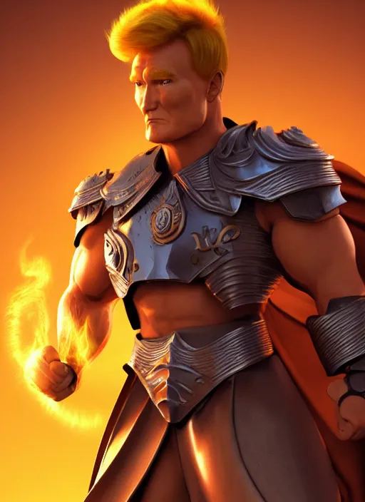 Image similar to profile of conan o'brien as a paladin with short blond hair and big muscles, yellow hair, casting a protection spell, cell shaded, octane, trending on artstation