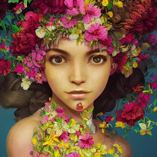 Image similar to the portrait of an absurdly beautiful, graceful, elegant young latina woman made of bananas and petals looking up, an ultrafine detailed illustration by kim jung gi, irakli nadar, intricate linework, bright colors, octopath traveler, final fantasy, angular, unreal engine 5 highly rendered, global illumination, radiant light, detailed and intricate environment