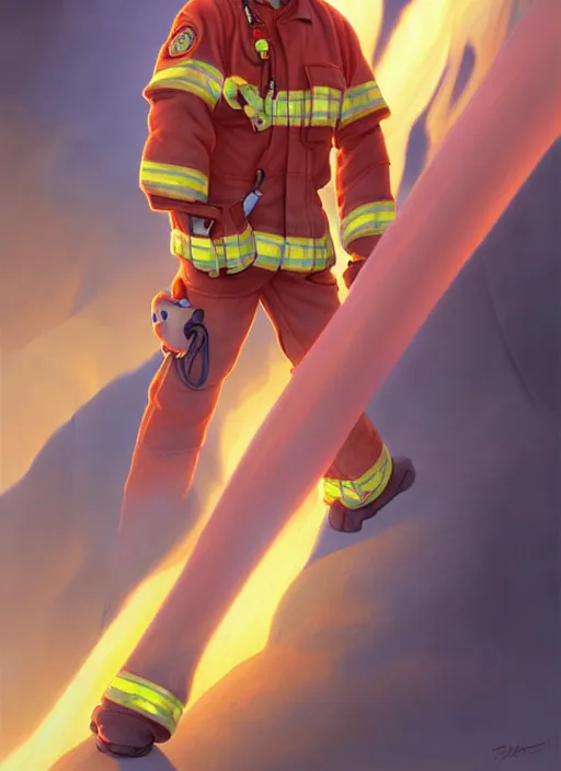 Image similar to cute chris mears firefighter, natural lighting, path traced, highly detailed, high quality, digital painting, by don bluth and ross tran and studio ghibli and alphonse mucha, artgerm