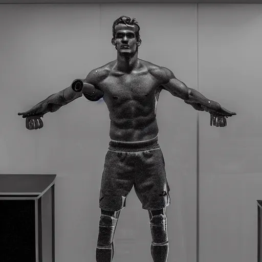 Image similar to a realistic detailed photo of a guy who is an attractive humanoid who is half robot and half humanoid, who is a male android, soccer player antoine griezmann, shiny skin, posing like a statue, blank stare, in a living room, on display, showing off his muscles