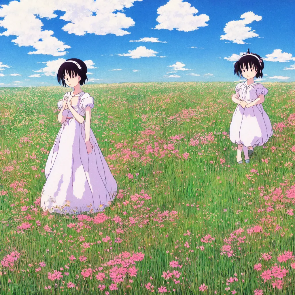 Image similar to little girl in princess dress, walking alone through a field of flowers, puffy clouds, beautiful, summer, calm, studio ghibli, art by hayao miyazaki, makoto shinkai