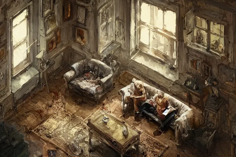 Prompt: old zombie couple on a couch, watching TV, in a small room, small paintings on the wall, light flickering, intricate painting, view from above, wide angle lens, isometric, by Craig Mullins, by Mattias Adolfsson, by Lohmuller Gyuri