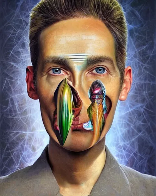 Image similar to surrealist portrait art in the styles of igor morski, jim warren, and manzel bowman, intricate, hyperrealistic, accurate facial details, profile picture with chromakey!!!!! background, volumetric lighting