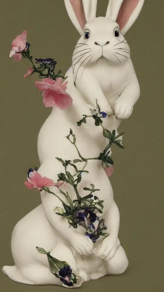 Image similar to in botanicals room a porcelain rabbit statue having a japanese kiseru in hand painted by john singer sargent