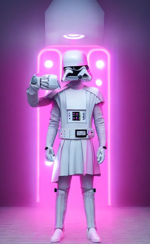 Image similar to white darth vader dancing synth wave retro wave vapor wave white and pink lighting and clothes and tech cyberpunk style ultra realistic high quality highly detailed 8 k