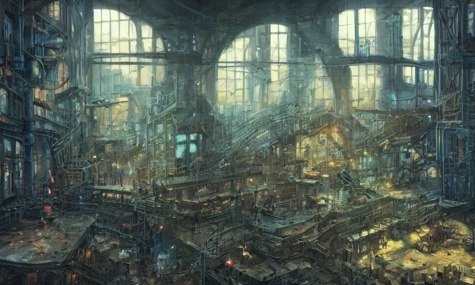 Prompt: abandoned industrial factory interior, highly detailed, magic fantasy, digital art, vibrant colors, keyframe illustration, trending on artstation, andreas rocha, sylvain sarrailh, darek zabrocki, finnian macmanus, dylan cole, liang mark, albert bierstadt, sung choi, peter mohrbacher, greg rutkowski