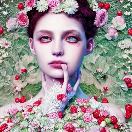 Image similar to the portrait of an absurdly beautiful, graceful, elegant, sophisticated, fashionable young woman made of strawberries and white petals with tears, an ultrafine hyperdetailed illustration by kim jung gi, irakli nadar, intricate linework, bright colors, octopath traveler, final fantasy, unreal engine 5 highly rendered, global illumination, radiant light, detailed and intricate environment