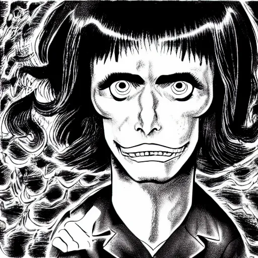 Prompt: black and white Junji Ito illustration of Tommy Wiseau