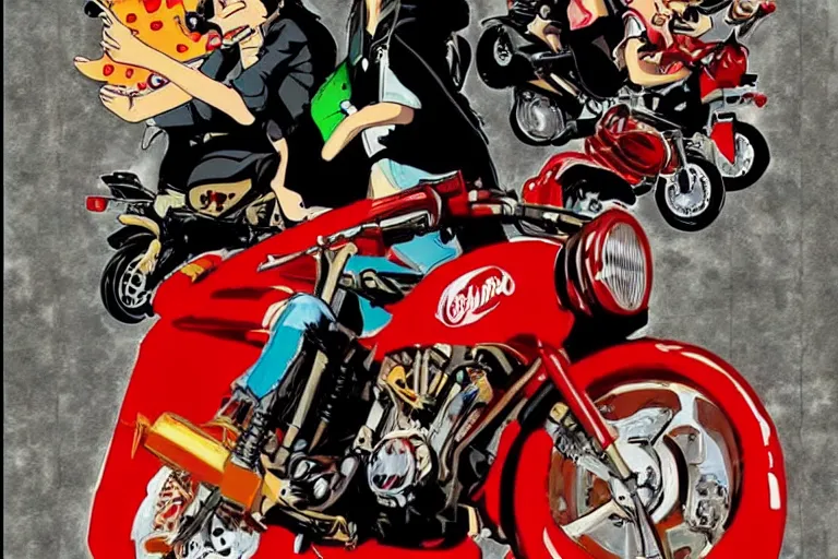 Image similar to italian pizza, akira's motorcycle, gorillaz, poster, high quality