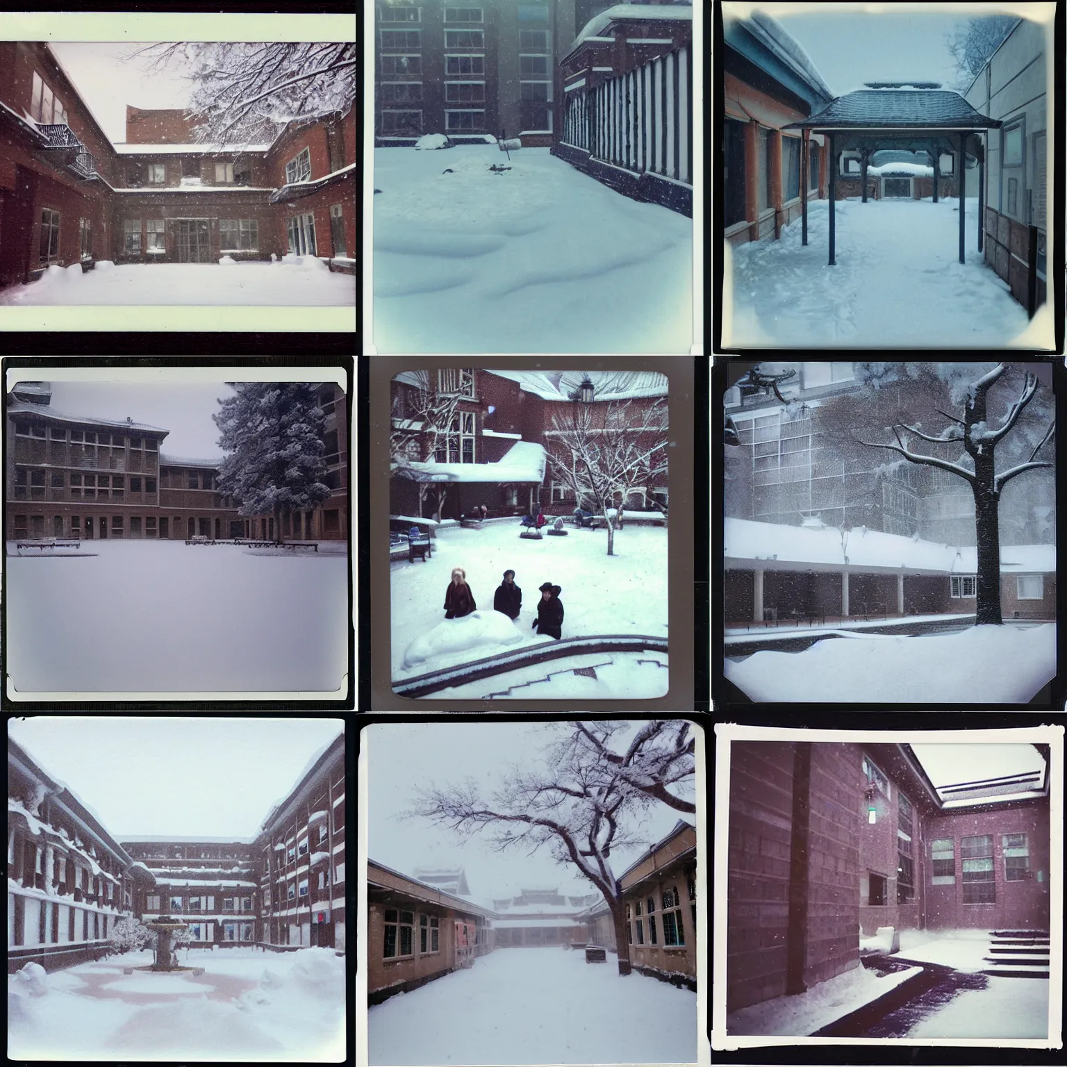 Prompt: atmospheric polaroid photograph of snowy anime courtyard