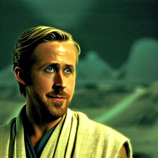 Prompt: ryan gosling as Obi-Wan kenobi standing on mustafar star wars revenge of the sith movie still medium shot 65mm