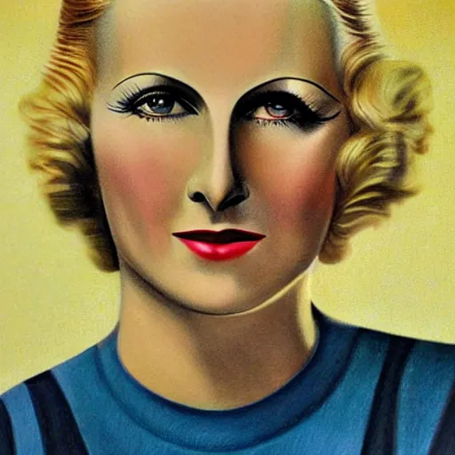 Image similar to a 1 9 2 0 s ultra - realistic color portrait. happy, healthy, beautiful, smiling, young, sporty, blonde, blue - eyed symmetric greta garbo in decent athletic wear. hyper - realistic detailed drawing