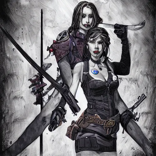 Prompt: a shotgun - toting modern day hunter ; and a sword - wielding magical girl stand back to back against a wall while darkspawn creatures approach them. realistic modern horror rpg painting, by frank cho, dynamic layout