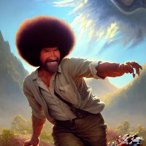 Image similar to bob ross!!! riding!!! a dinosaur!!, giant afro!, model pose, ultra realistic, concept art, intricate details, highly detailed, photorealistic, octane render, 8 k, unreal engine. art by artgerm and greg rutkowski and alphonse mucha