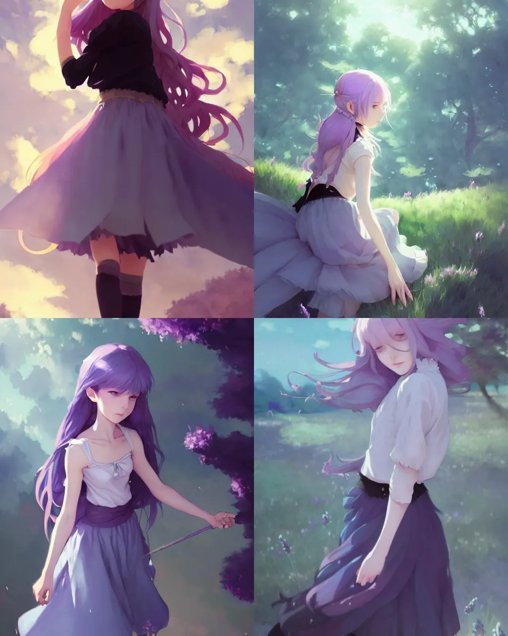 Prompt: a girl with lavender hair and black skirt, fairy tale style background, a beautiful half body illustration, top lighting, perfect shadow, soft painting, reduce saturation, leaning towards watercolor, art by hidari and krenz cushart and wenjun lin