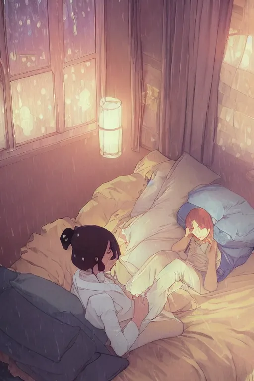 Image similar to a teenage girl with white short hair in a jk uniform outfit in the bedroom reading a book in a night, raining outside the window, warm and orange theme, by krenz cushart and mucha and akihito yoshida and greg rutkowski and makoto shinkai, 4 k resolution