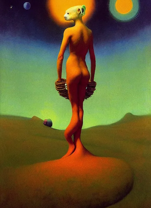 Image similar to the cosmic ferret queen bestows the earth with life, Edward Hopper and James Gilleard, Zdzislaw Beksinski, Mark Ryden, Wolfgang Lettl highly detailed, hints of Yayoi Kasuma, Odilon Redon. Drexler