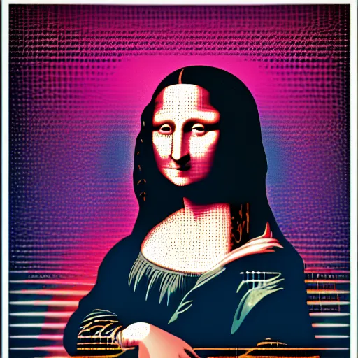 Prompt: a portrait of mona lisa, in retro colors, synthwave style, 2 d digital vector art