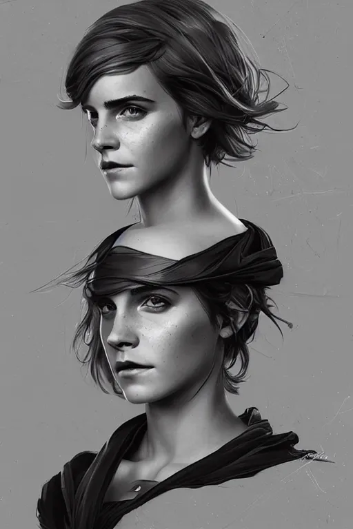 Image similar to science-fiction character portrait of emma watson, short silver hair, tall, elegant, highly detailed, digital painting, artstation, upper body, concept art, smooth, sharp focus, illustration, art by artgerm and greg rutkowski and alphonse mucha