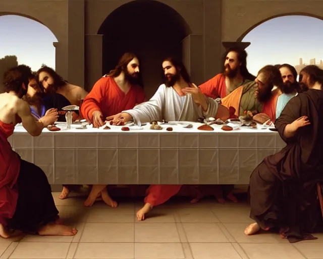 Image similar to beautiful creative realistic oil painting of the last supper, baroque style by bouguereau, highly detailed and photorealistic, 8 k high detail and intricate