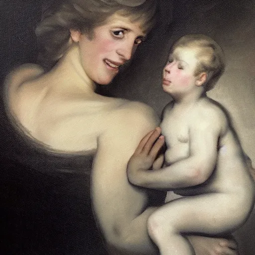 Prompt: a painting of Princess Diana devouring Prince William, saturn devouring his son, by Francisco Goya, moody, old masters, chiaroscuro, artstation