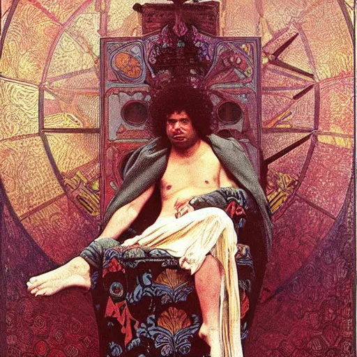 Image similar to richard ayoade sits on his throne as ruler of countdown, oil on canvas, by alphonse mucha, gustave dore, zdzislaw beksinski