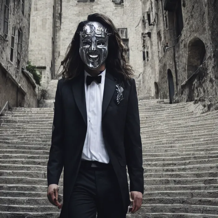 Image similar to cinematic movie, background is castle and steps, with a man wearing a silver melt mask, silver wavy long hair, black suit, 4 k