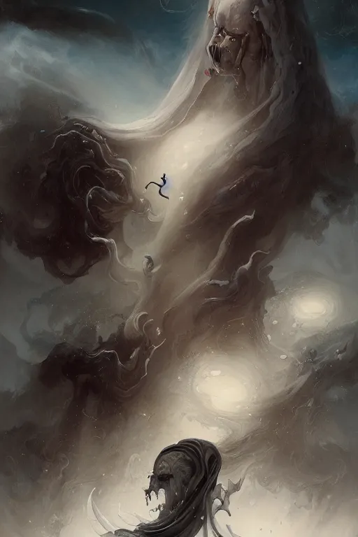 Image similar to a humanoid creature with pale white skin. the creature is bald. it is wearing a black flowing cloak that looks like mist. it is crafting an landscape in the astral plane. cosmic horror. art by peter mohrbacher and gaston bussiere.