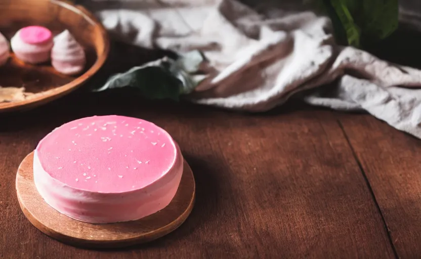 Image similar to A photo of a swedish cake from the side on a wooden table, covered with pink marzipan, some powder sugar and a marzipan leaf. Sunset. 4K. Cinematic lighting. High detail. Realistic. Delicious.