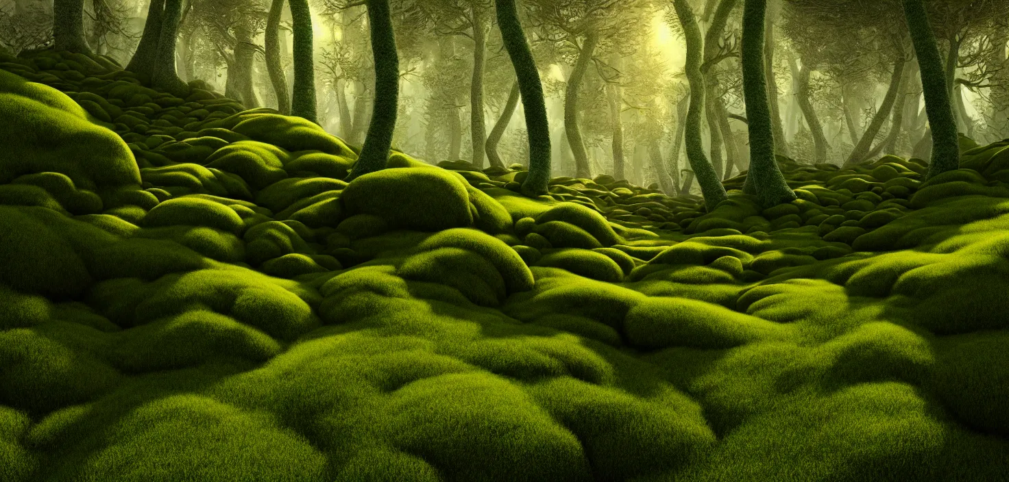 Prompt: random forest landscape, moss, incredible, vector art, octane render, fabulous, hyper detailed, random cinematic view, no noise, global illumination, warm lighting, volumetric, godrays, vivid, beautiful, by brian miller