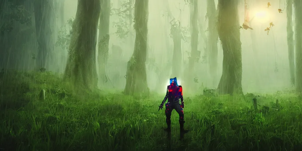 Prompt: inside of lush summer green landscape a strange gamekeeper wearing a steampunk and cyberpunk mechanical fluorescent mystical animal mask and red hood. walking in the misty swamp. in style of fornite game. night fog, matte painting, beautiful render, octane render, concept art