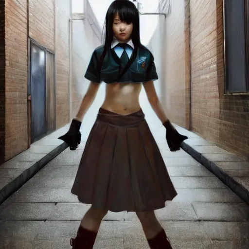 Prompt: a perfect, hyperrealistic professional oil painting of a Japanese schoolgirl posing in a dystopian alleyway, style of Marvel, full length, by a professional American senior artist on ArtStation, a high-quality hollywood-style concept