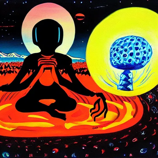 Prompt: a beautiful painting of an alien meditating in front of a giant black power fist in the center, worshipped by aliens dancing in lava fields by victor moscoso