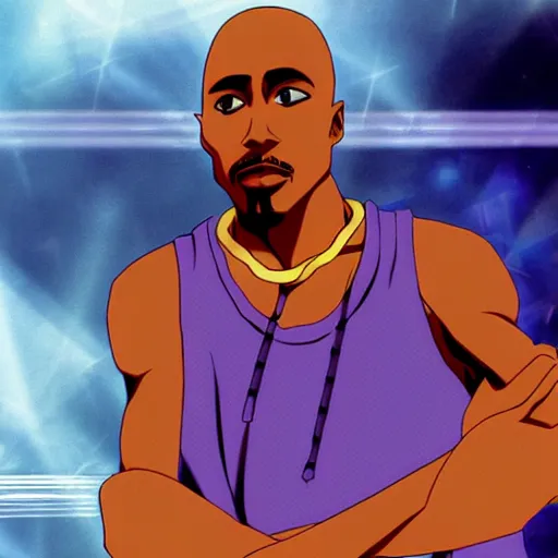 Image similar to Tupac Shakur, screenshot from a 2012s anime