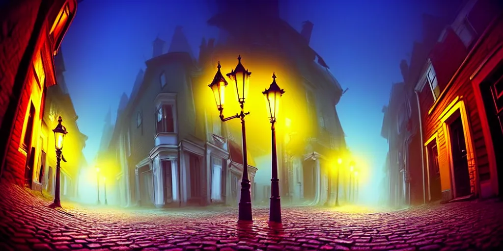 Image similar to curved perspective, extreme narrow, extreme fisheye, digital art of a night foggy street with curled victorian street lamps over cobblestone floor by anton fadeev from nightmare before christmas