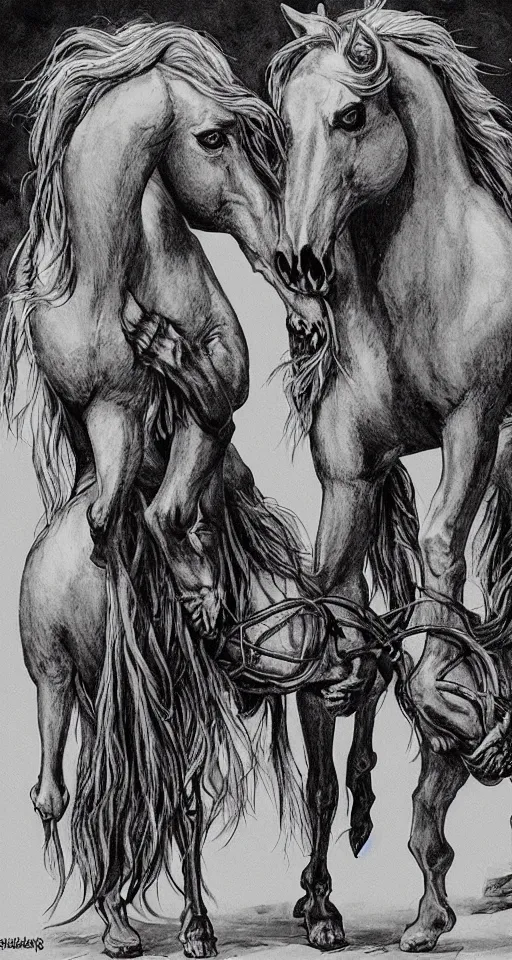 Prompt: zombie horses in love