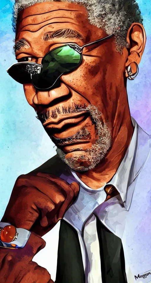 Prompt: Morgan freeman with sunglasses as a GTA5 cover illustration