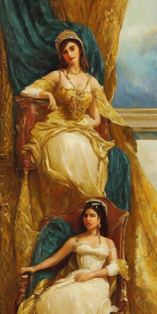 Prompt: romantic period style highly atmospheric oil painting of a beautiful middle eastern princess lounging on a chair, wearing a golden veil