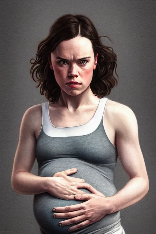 Image similar to pregnant daisy ridley in a tank top, realistic portrait, symmetrical, highly detailed, digital painting, artstation, concept art, smooth, sharp focus, illustration, cinematic lighting, art by artgerm and greg rutkowski and alphonse mucha