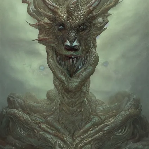 Image similar to concept art of a hydra, dragon with many heads, a painting by beksinski, by ruan jia, by austin osman spare, symbolist painting, mist, volumetric render, digital painting, detailed painting, occult