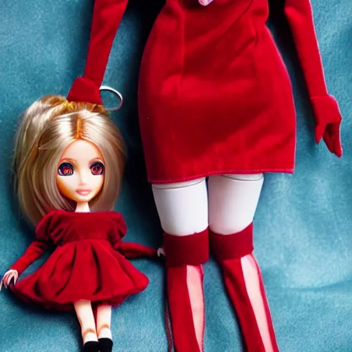 Prompt: anime barbie doll, 5 dolls, in red velvet stockings, a nurse's dress, full length, heels on her feet