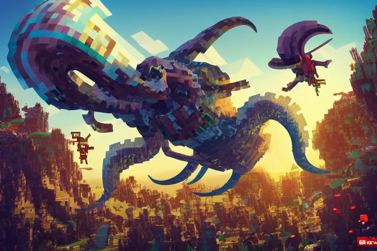 Prompt: fighting giant flying squids, minecraft, digital art, artstation, highly detailed, 4 k