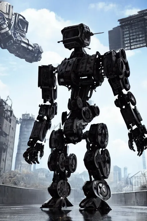 Image similar to a furture ai boxing humanoid mecha in ruin city, victory, punk style, by war robots, real steel ( 2 0 1 1 ), westworld and eve venture and pacific rim and machine warrior 5, cryengine, frostbite 3 engine, camouflage scheme, sharp focus, 8 k realistic, high definition, insanely detailed, sunny, ray tracing, realistic shaded,