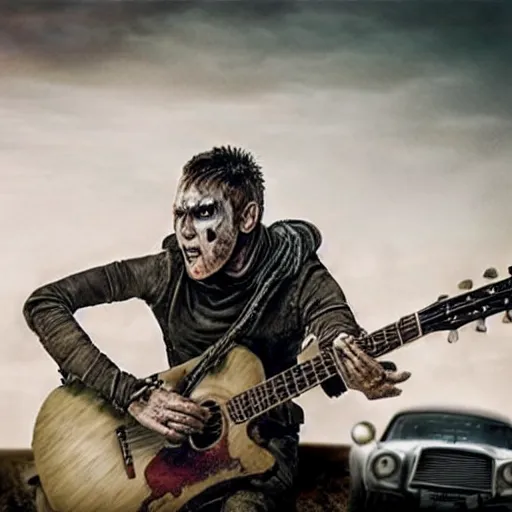 Prompt: guitar player on moving vehicle, Mad Max Fury Road