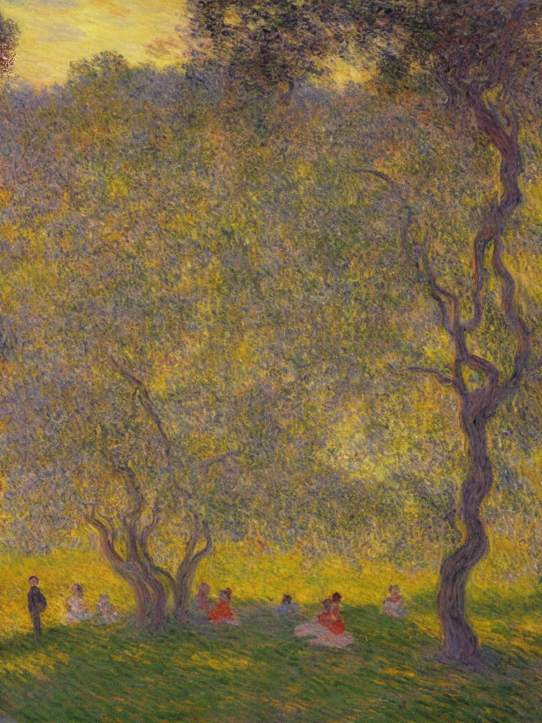 Prompt: gauzy impressionist painting of my backyard with an old apple tree with people! dancing at sunset, golden light, color oil painting by claude monet and piet mondrian, cosmic trending on artstation 8 k