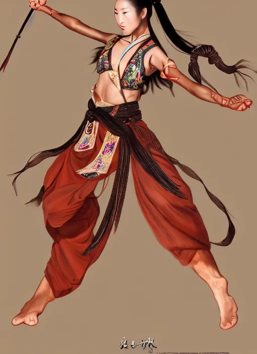 Prompt: full body portrait of a barefoot dancer using silk belts as weapons, barefoot, tanned, vivacious, athletic, hanfu, fully clothed, chinese ribbon dance, silk belt, scorpion whip, battle, wuxia, martial arts, ming dynasty, detailed, anatomically accurate, fantasy illustration, dungeons and dragons, artstation, ghostblade, wlop.