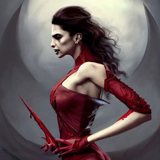 Image similar to portrait of deepika padukone upper body in bloody business suit, blood red eyes, vampire fangs, fantasy, intricate, elegant, highly detailed, digital painting, artstation, concept art, matte, sharp focus, illustration, art by aenaluck and roberto ferri and greg rutkowski, epic fantasy, digital painting