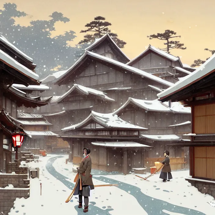 Image similar to japanese rural town, winter, in the style of studio ghibli, j. c. leyendecker, greg rutkowski, artem